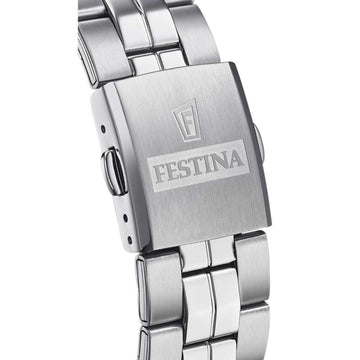 Ρολόι Festina F20437/3 με ασημί ατσάλινο μπρασελέ, μπλε καντραν, μηχανισμό μπαταρίας και στρογγυλό στεφάνι με διάμετρο 40mm και ένδειξη ημερομηνίας αδιάβροχο στις 10ΑΤΜ-100Μ.